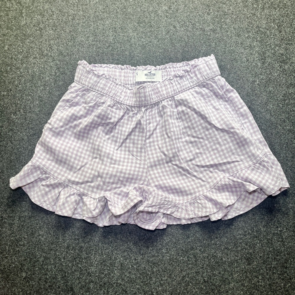 Hollister Gingham Shorts Womens Small Purple Excellent Ultra High-Rise Ruffle‎